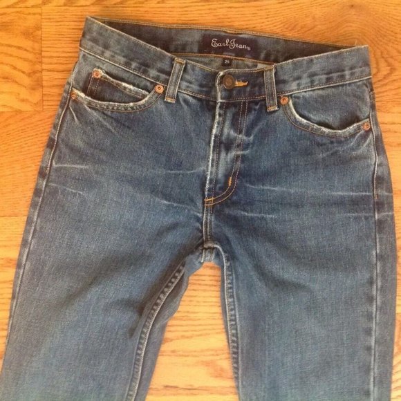 VTG Y2K EARL MID RISE JEANS BLUE COTTON DENIM WOMENS 25 28"x28.5" CROPPED USA - Picture 7 of 14